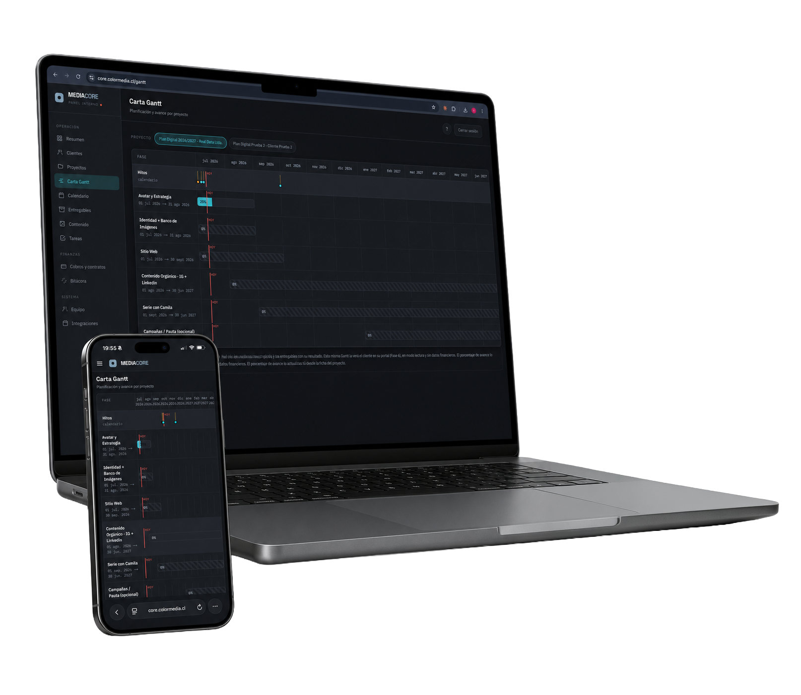Portal Media Core - Carta Gantt del proyecto en laptop y telefono
